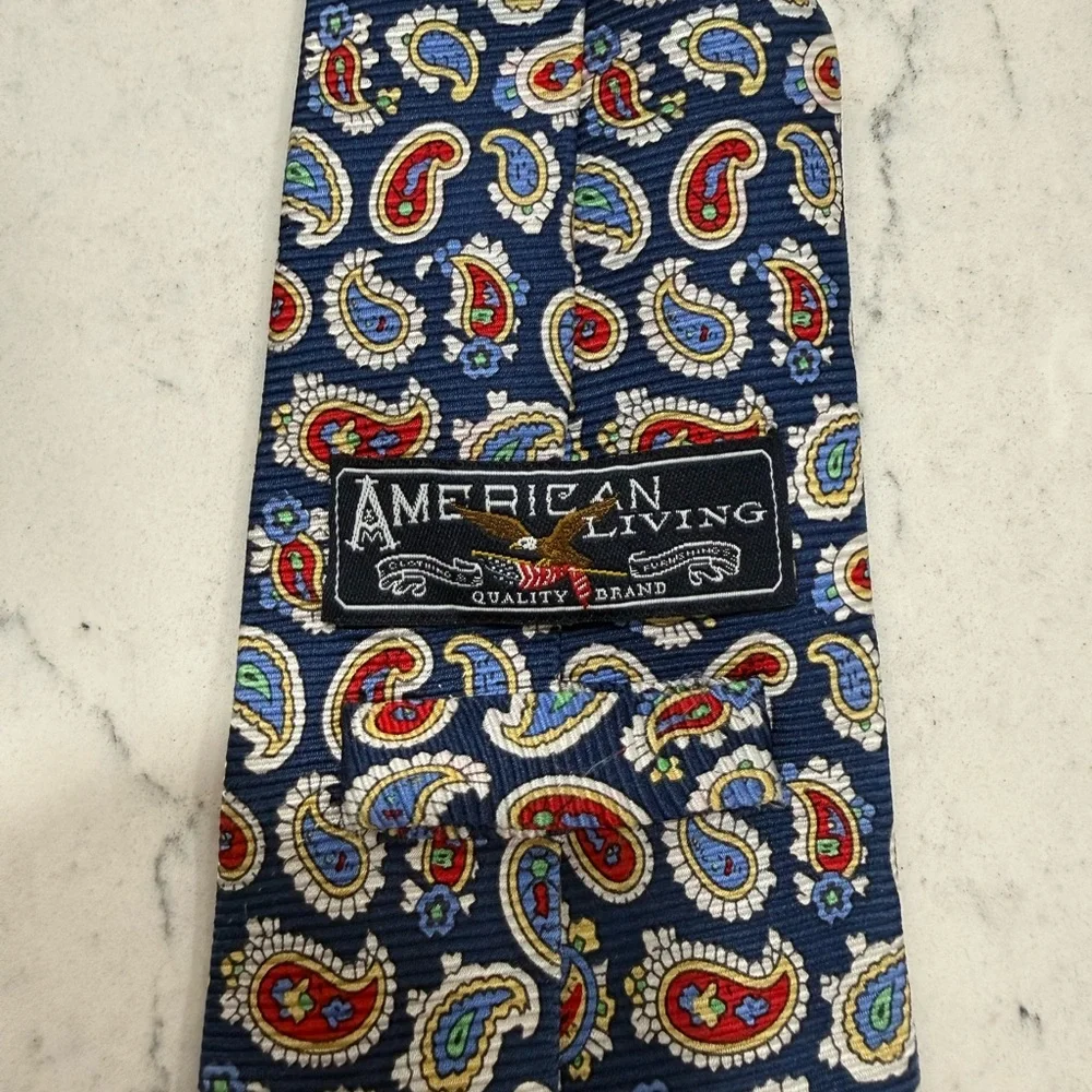 American Living Men's Tie 100% Silk Paisley Blue Red White Yellow